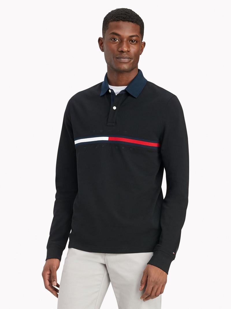 Férfi Tommy Hilfiger Regular fit long-sleeve bar stripe Polos Fekete | HU 1082VRW